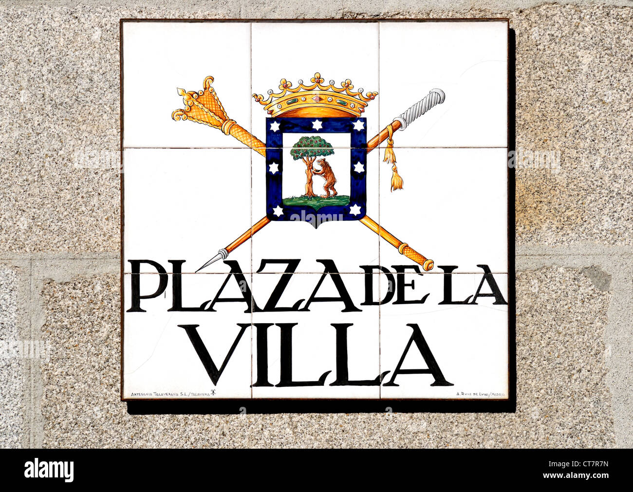 Madrid, Spain. Traditional Tiled Street Sign (by Alfredo Ruiz de Luna / Madrid) Plaza de la Villa Stock Photo