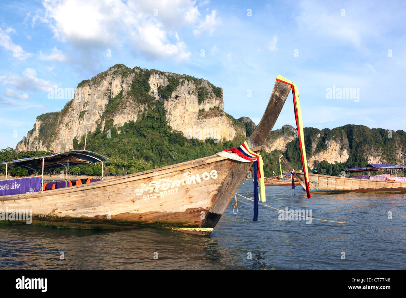 Long tail boats on Ao Nang Beach in Krabi. Stock Photo