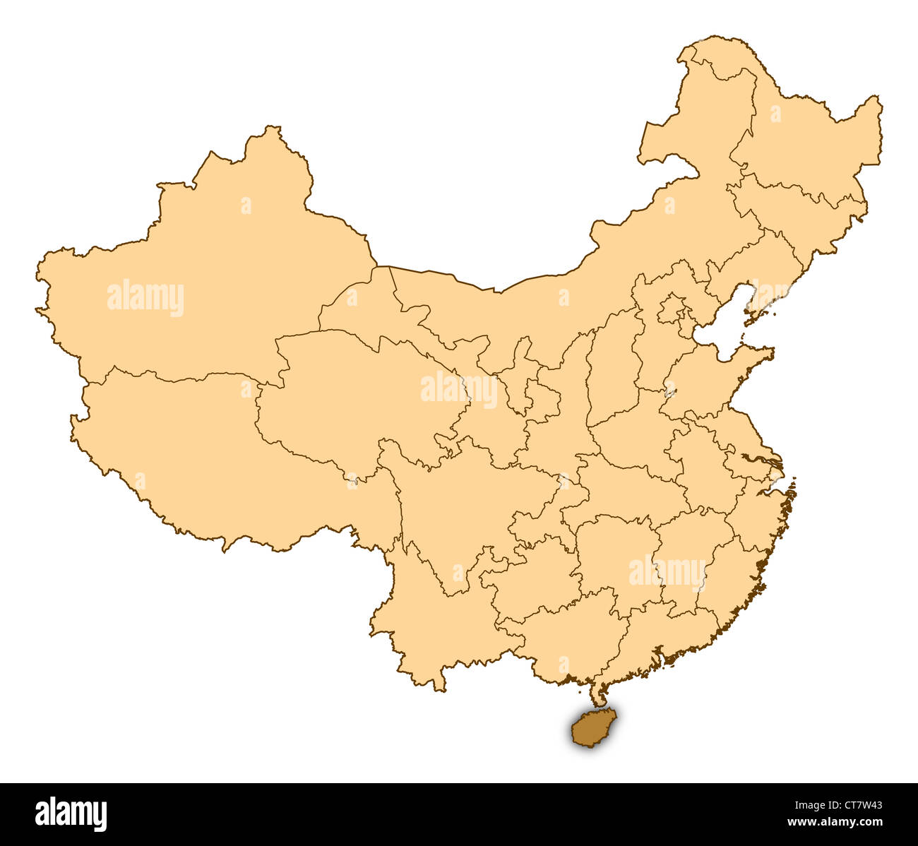 Map of China where Hainan is highlighted. Stock Photo