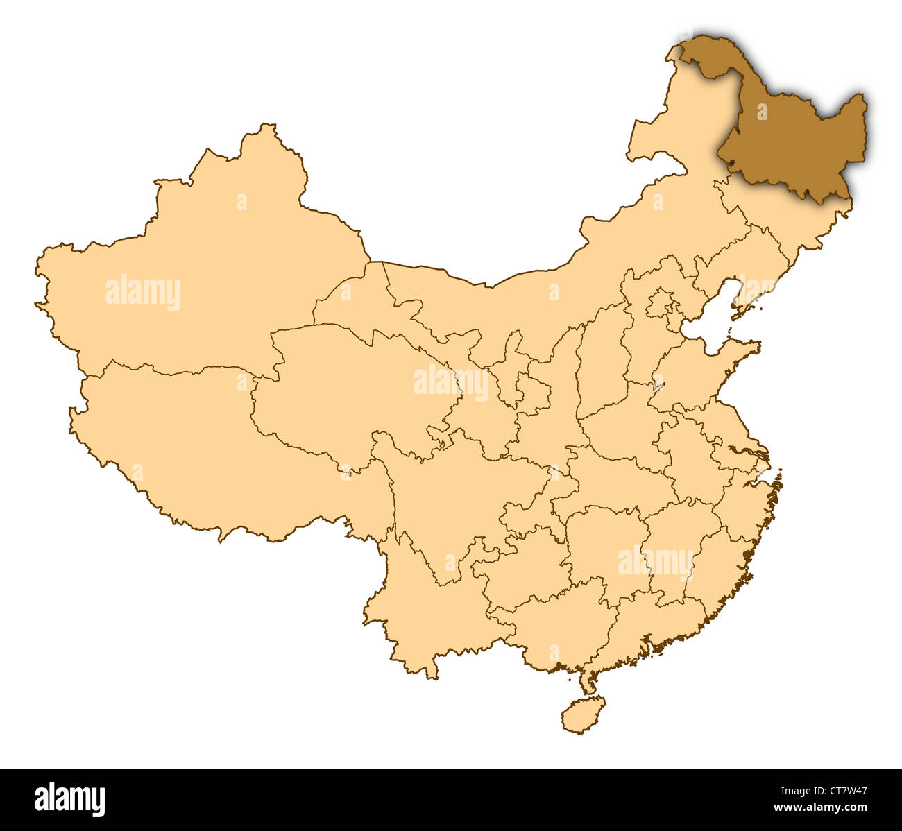 Map of China where Heilongjiang is highlighted. Stock Photo