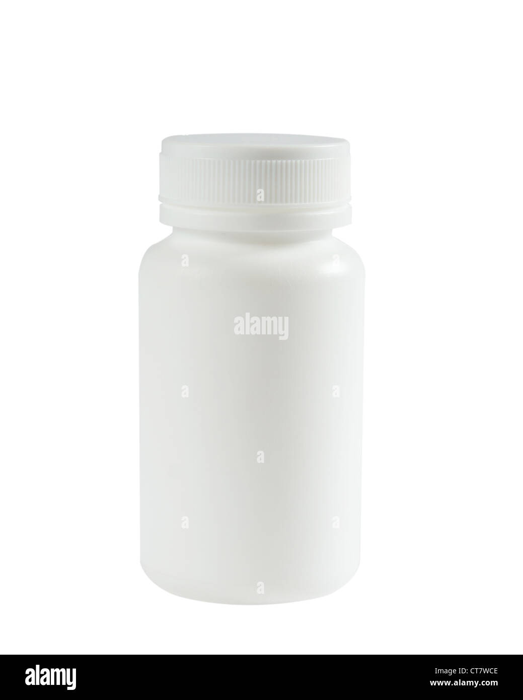 white plastic medical containers for pills on white background Stock