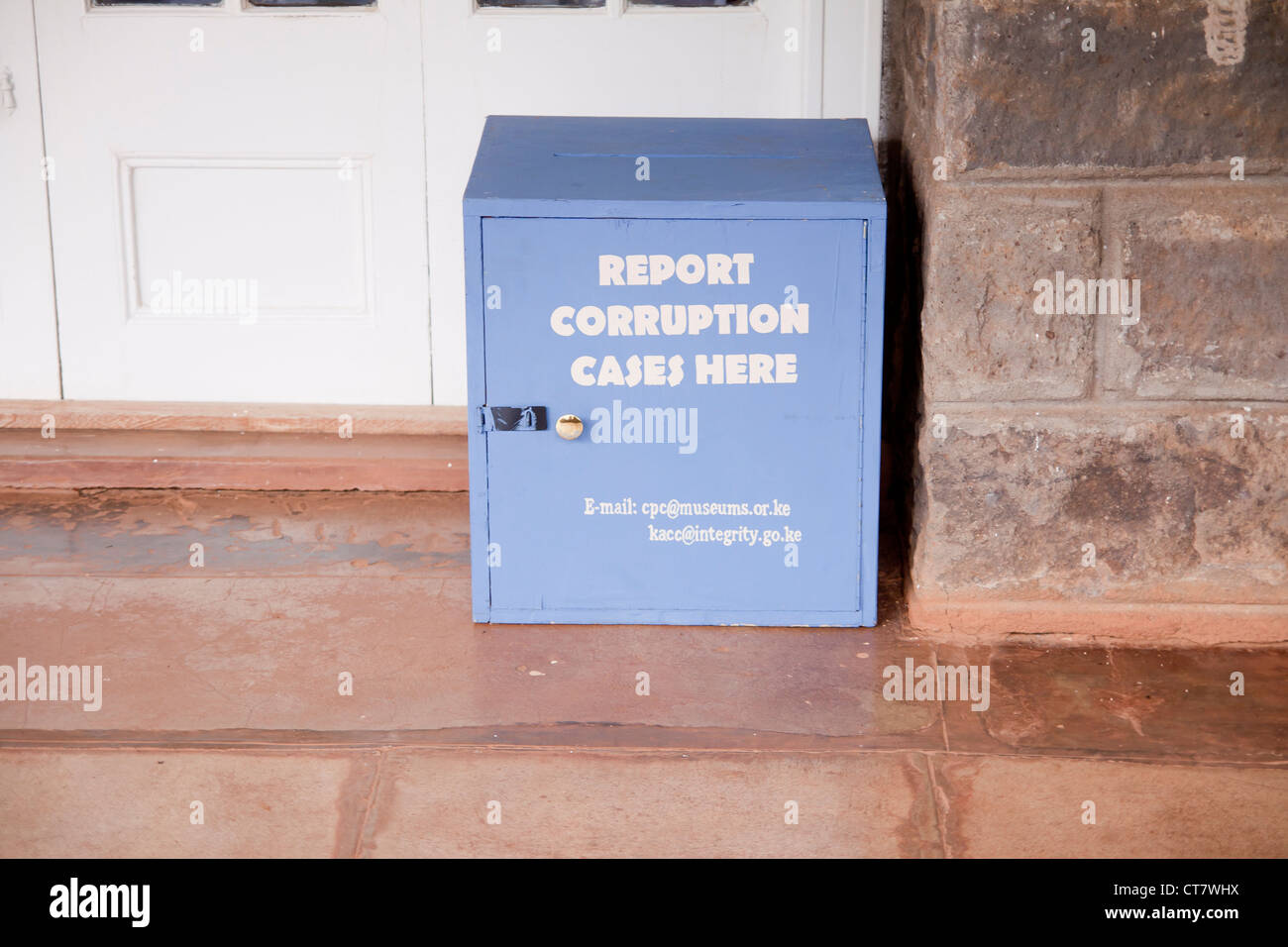 A blue box in Nairobi encouraging people to report corruption Stock Photo