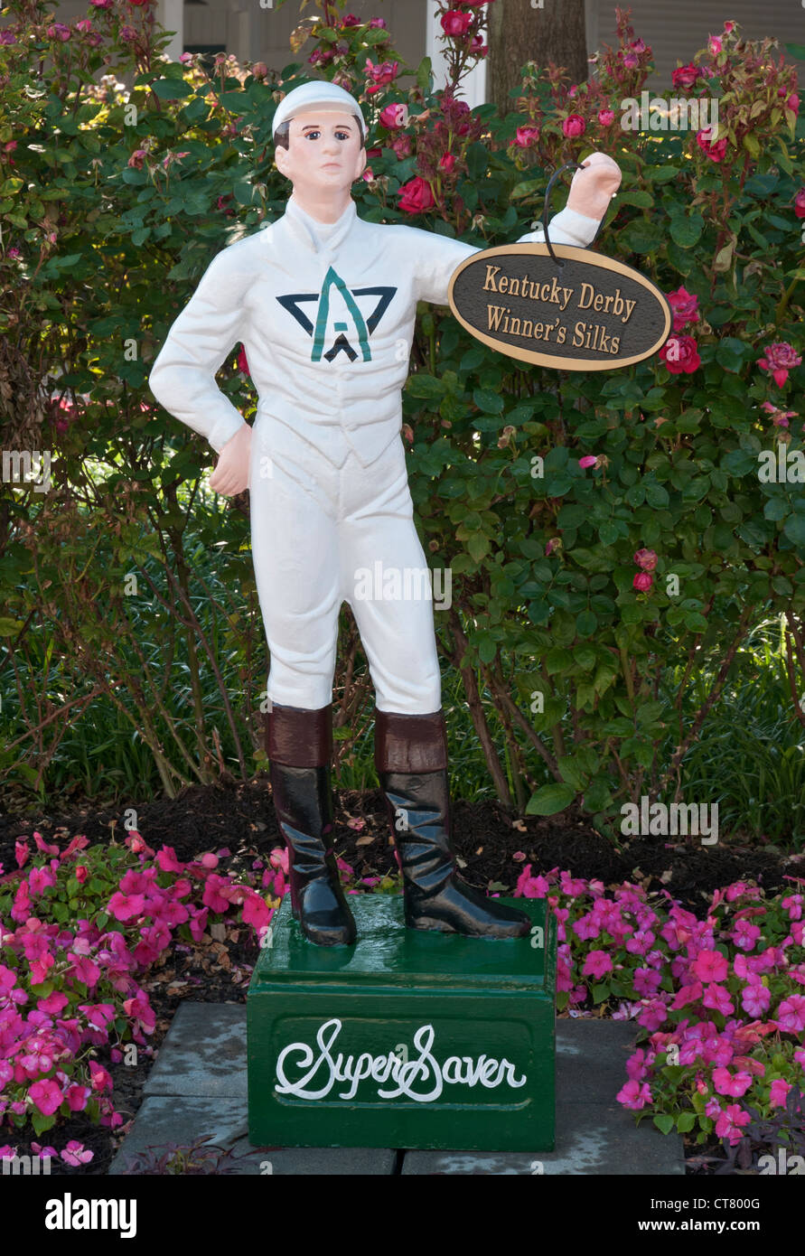 Kentucky, Louisville, Churchill Downs, home of Kentucky Derby, jockey statue in colors of 2010