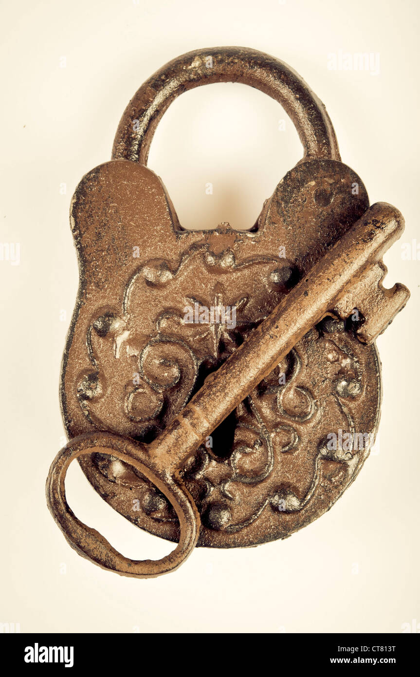 antique rusty lock and key, isolated Stock Photo