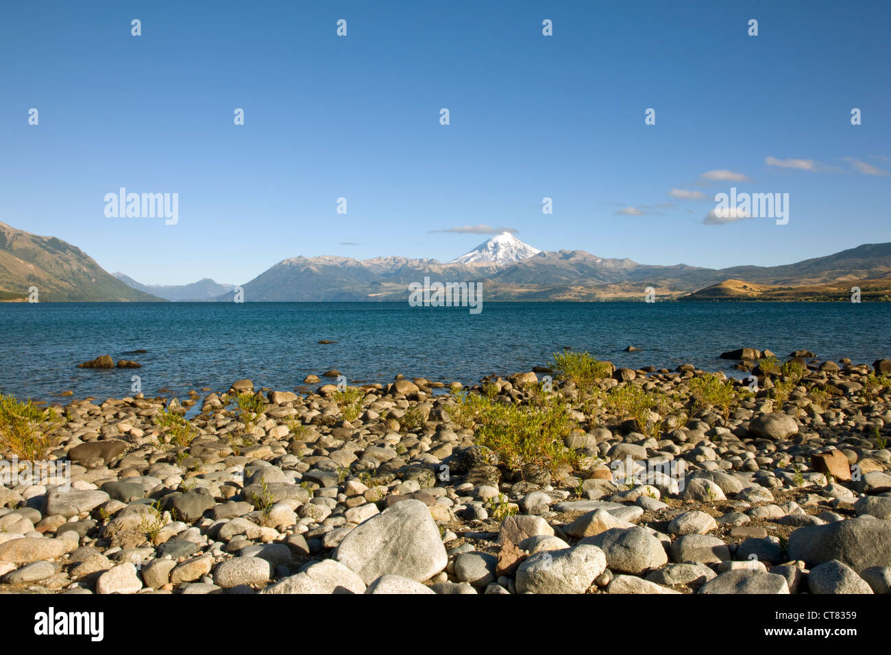 Lago Huechulafquen with Volcan Lanin in background Stock Photo