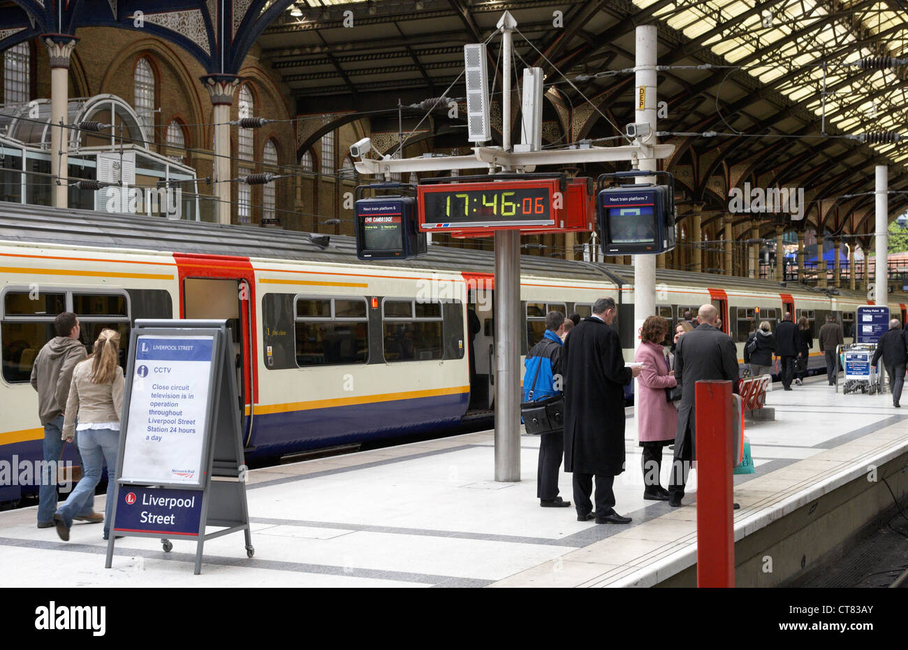 London - platform and the train at Liverpool Street Station Stock Photo