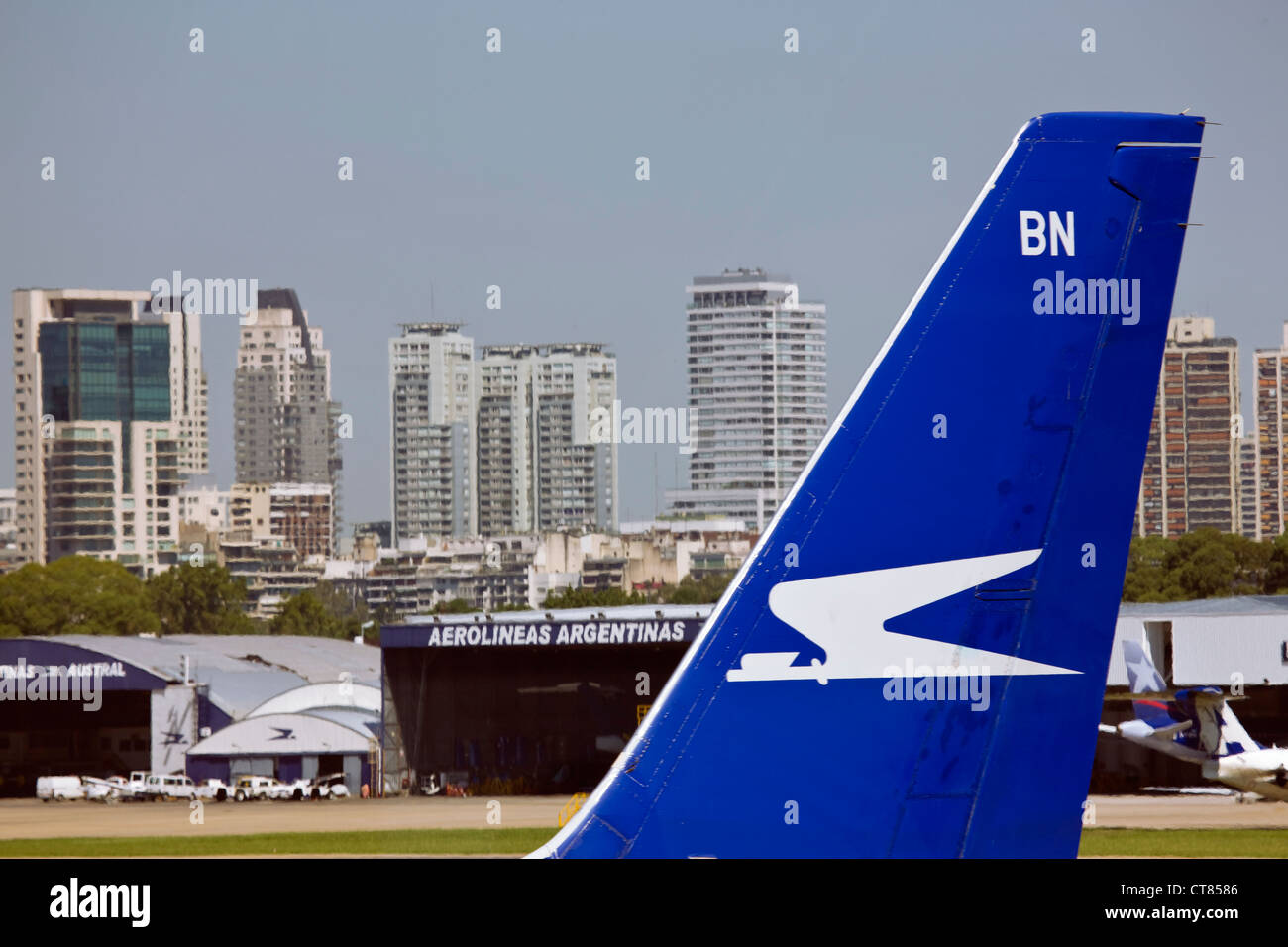 Aerolineas Argentinas ensignia on a planes tail fin at Jorge Newberry Airport Stock Photo