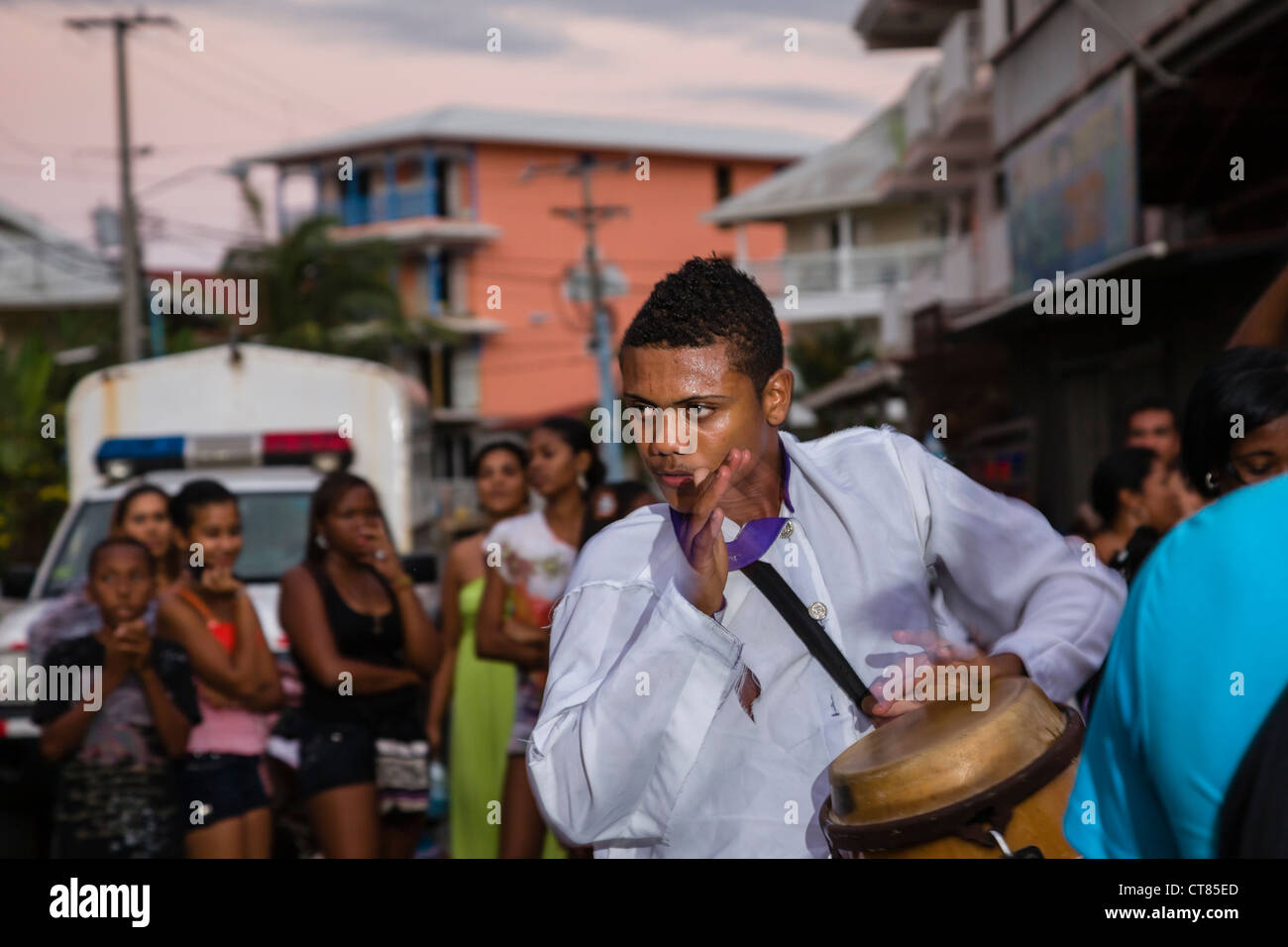 Drummer playing during the Panamanian Carnival celebration on Isla Colon, Bocas del Toro, Panama. Stock Photo
