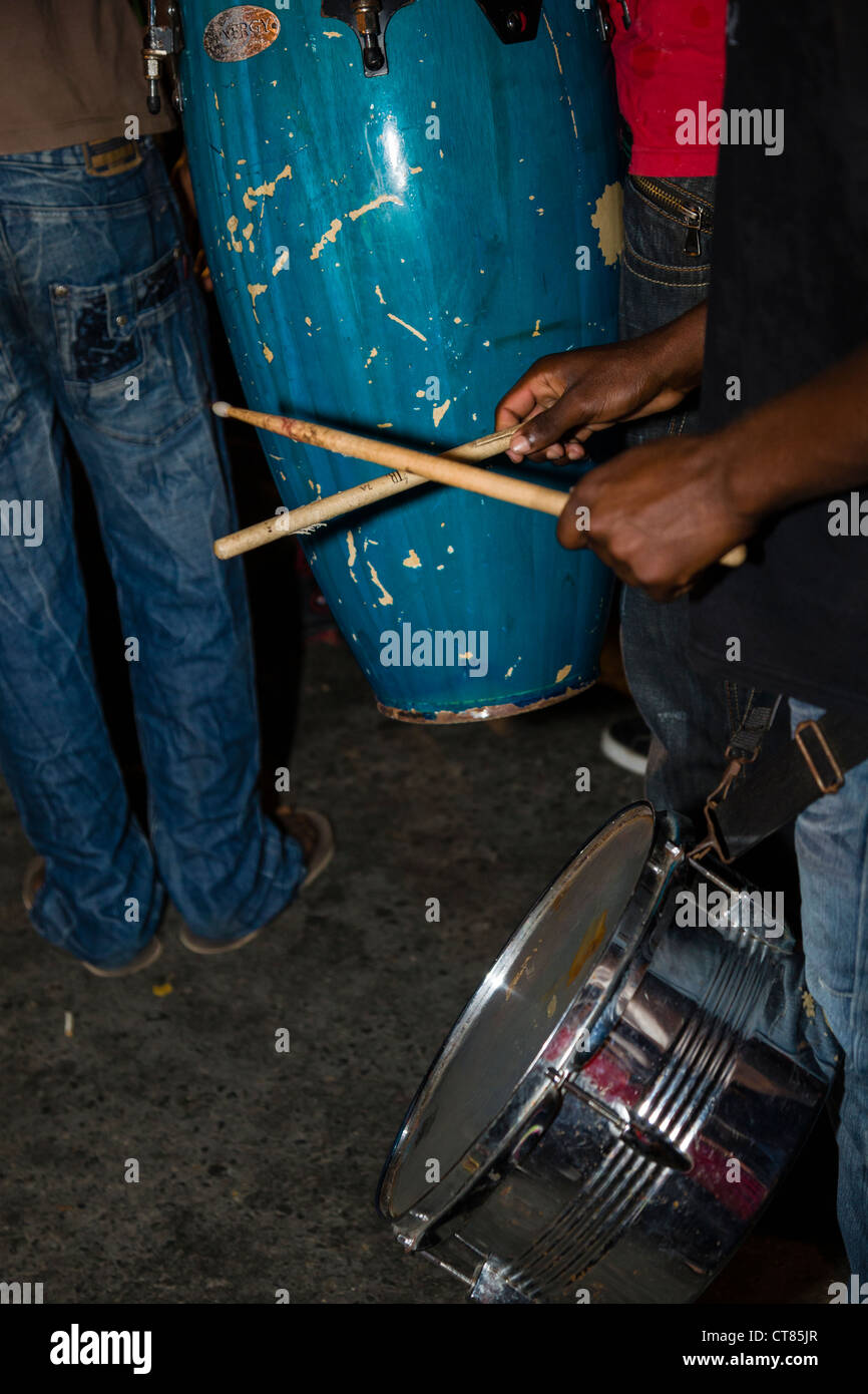 Musicians playing in the streets during the Panamanian Carnival celebration on Isla Colon, Bocas del Toro, Panama. Stock Photo