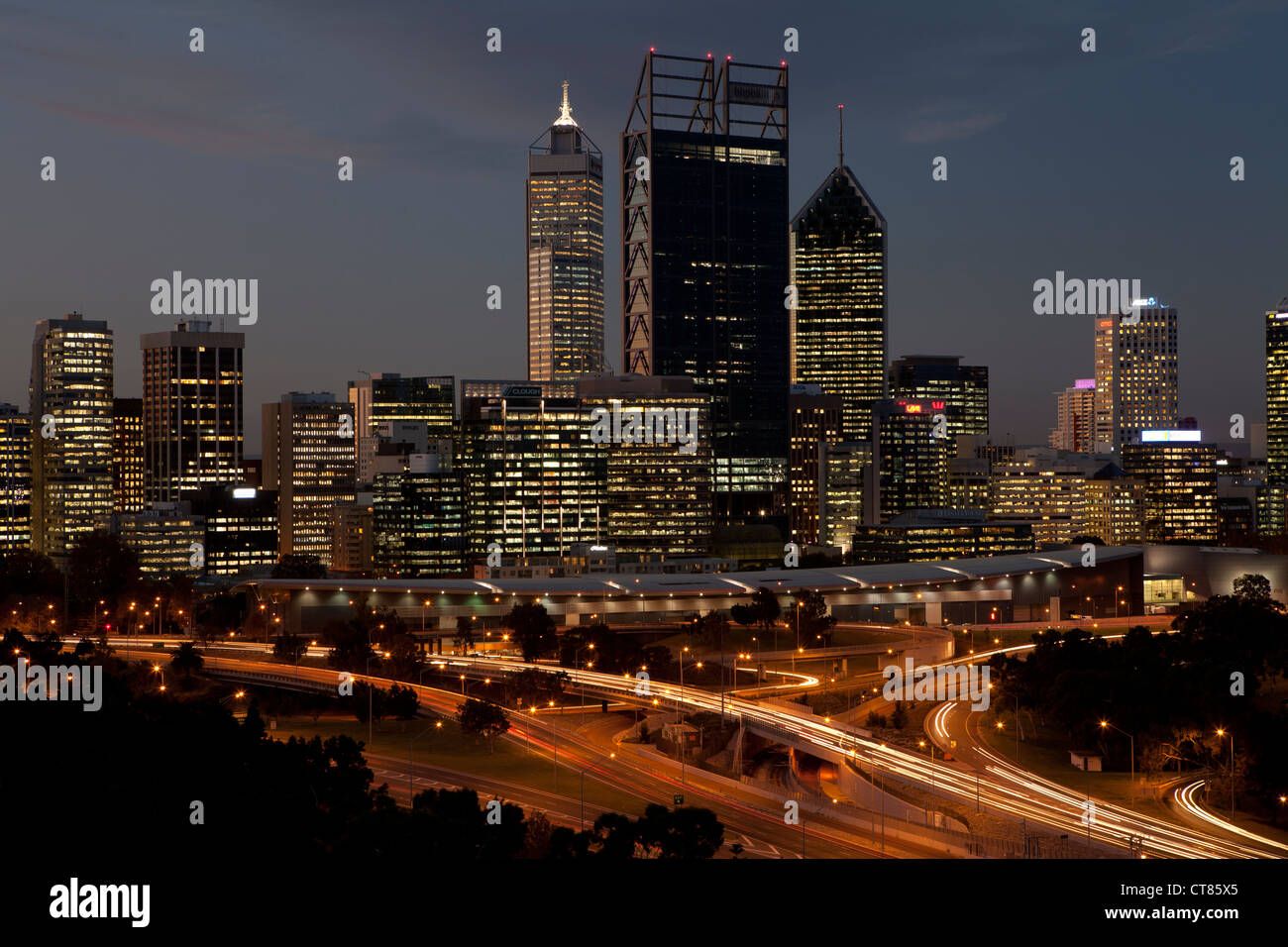 Perth's iconic skyline as seen from Kings Park with the new BHP Billiton building in the center. 2012. Stock Photo