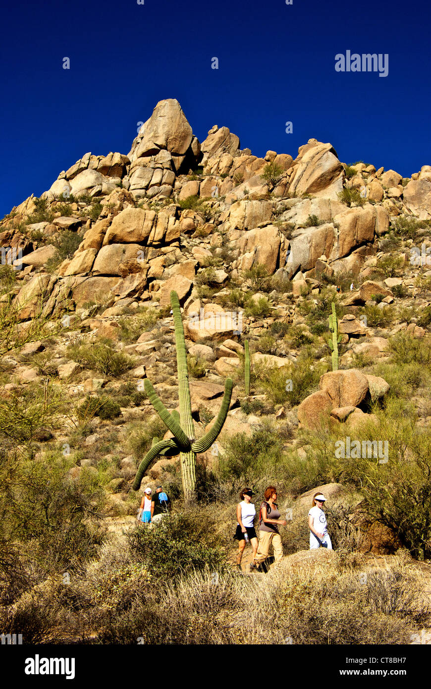 Women hiking trail Pinnacle Peak Regional Park Scottsdale Arizona Stock Photo