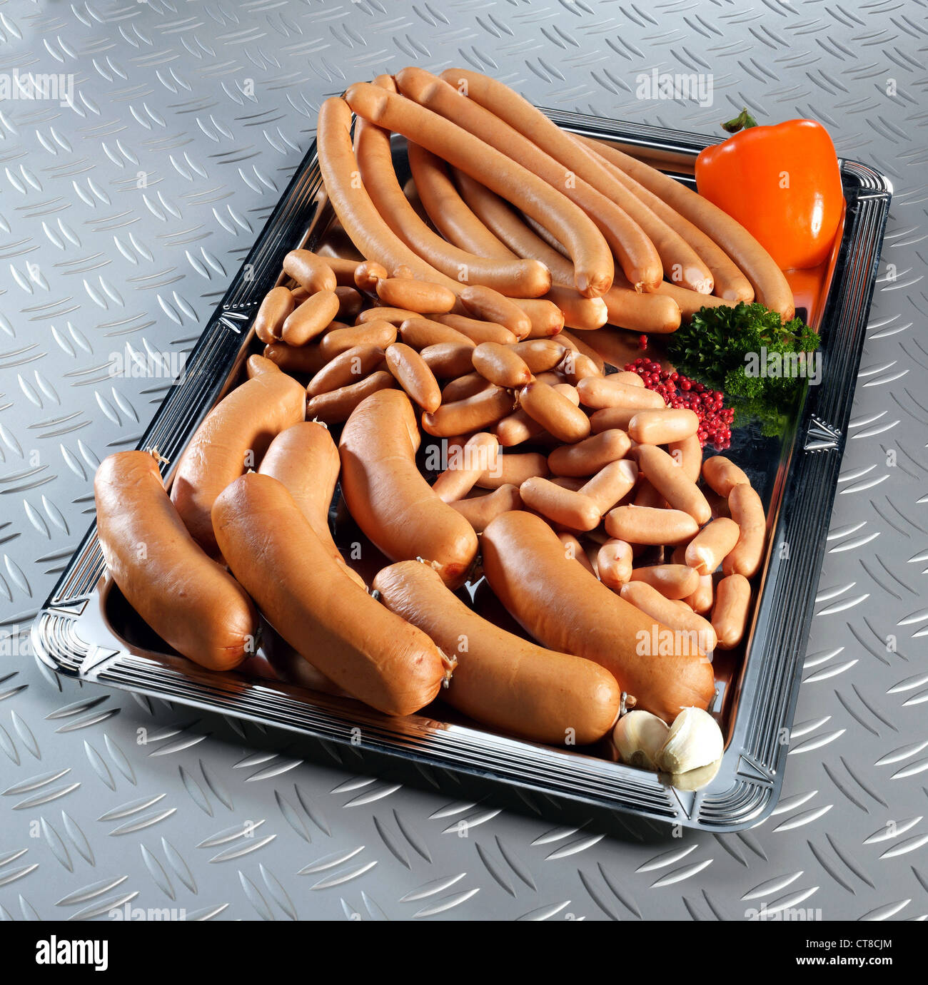 Sausage platter with cooked sausages Stock Photo Alamy