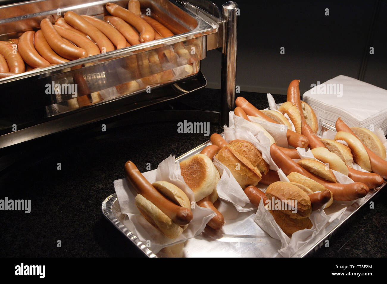 Concession Stand with sausages in buns, Lufthansa HV Stock Photo