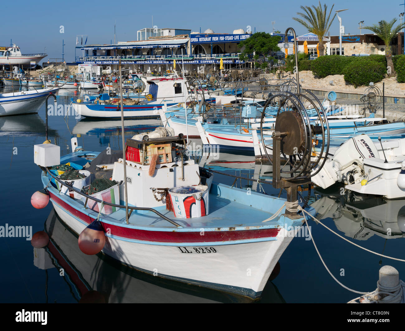 dh  AYIA NAPA CYPRUS Cypriot fishing boat harbour cafe restaurant Stock Photo