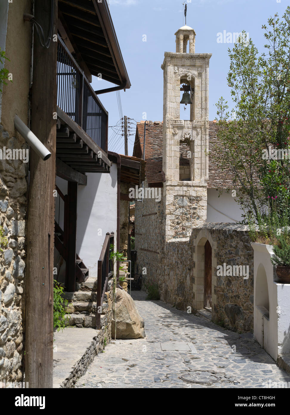 dh troodos village KAKOPETRIA CYPRUS Old Troodos mountain village church belfry bell tower street buildings orthodox Stock Photo