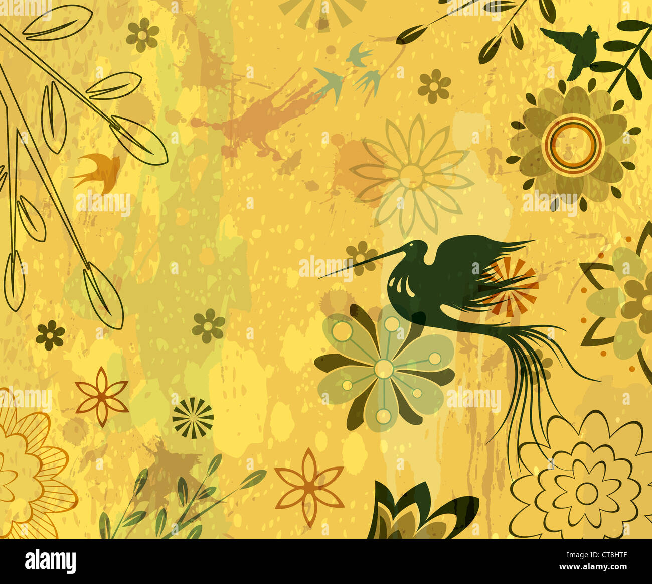 vector vintage floral background with bird Stock Photo - Alamy
