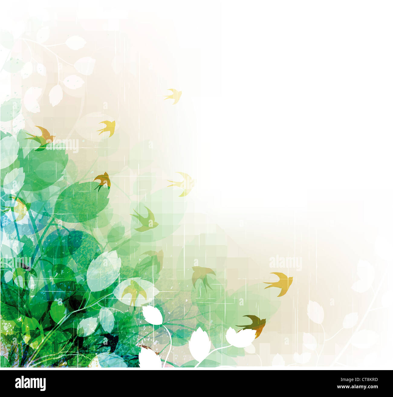 vector vintage floral background with flock of birds Stock Photo - Alamy
