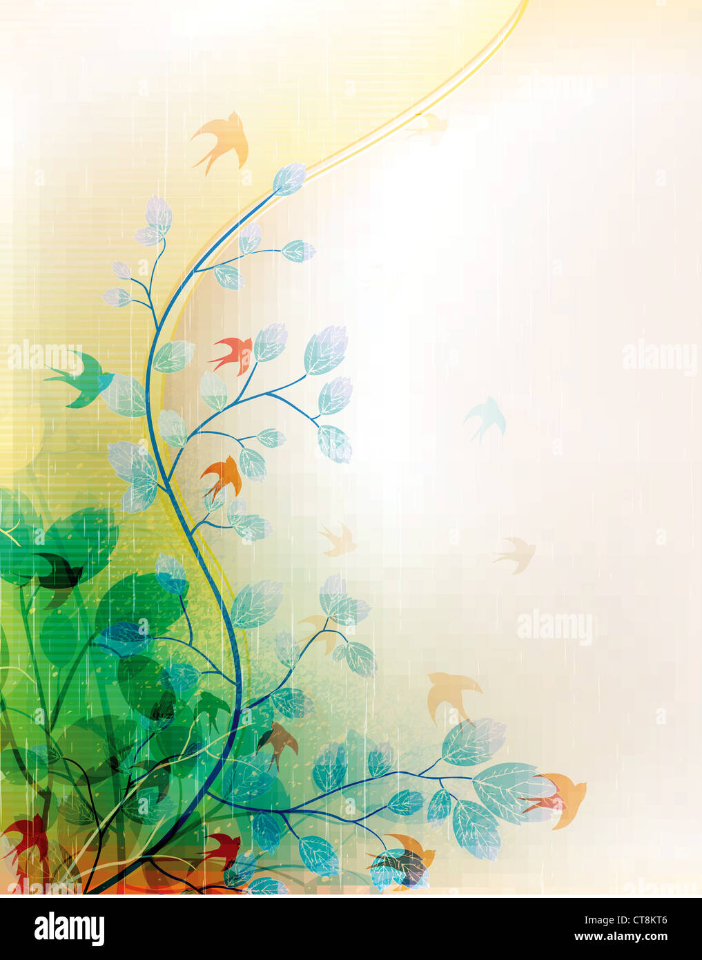 vector vintage floral background with flock of birds Stock Photo - Alamy