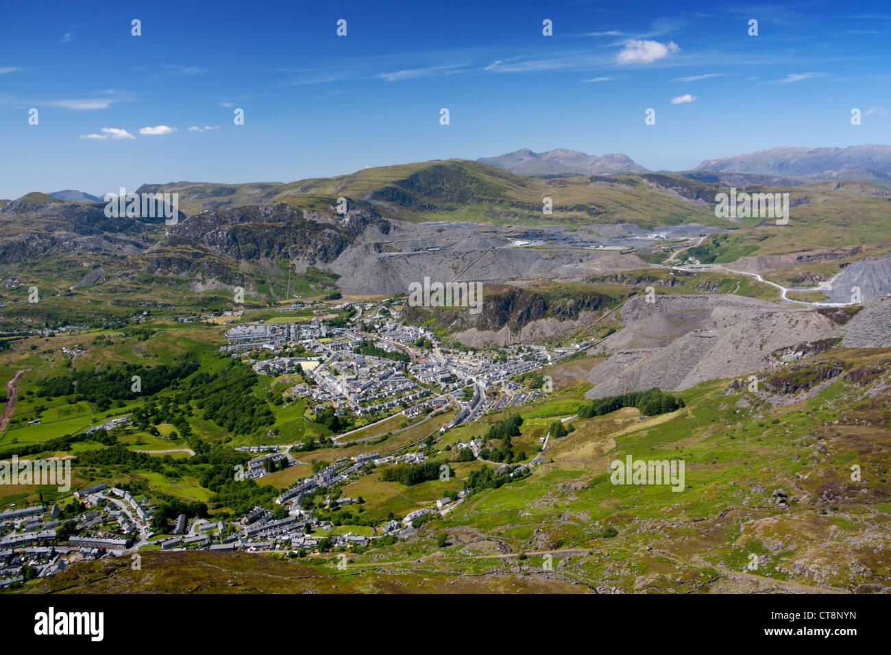 View of the slate quarrying town of Blaenau Ffestiniog from the east looking towards Snowdon