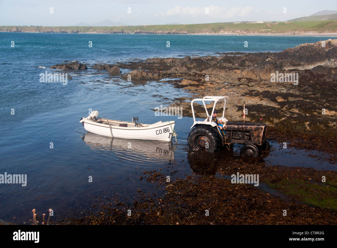 Tractor pulling fishing boat from the sea at Porth Colmon Llyn Peninsula Gwynedd North Wales UK Stock Photo