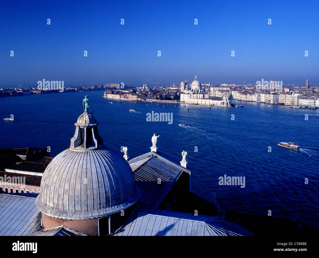 View from San Giorgio Maggiore campanile over lagoon to city Venice Veneto Italy Stock Photo