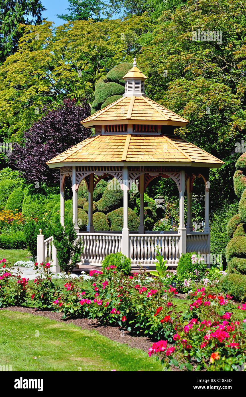 Wooden gazebo and colorful roses in the garden Stock Photo
