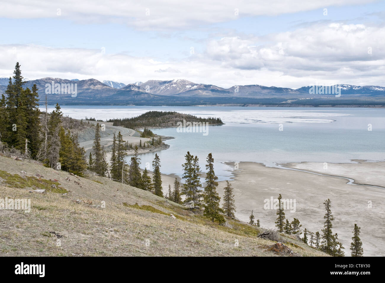 The mouth of the Slims River, Kluane Lake and the Alaska Highway in Kluane National Park, near Haines Junction, Yukon Territory, Canada. Stock Photo