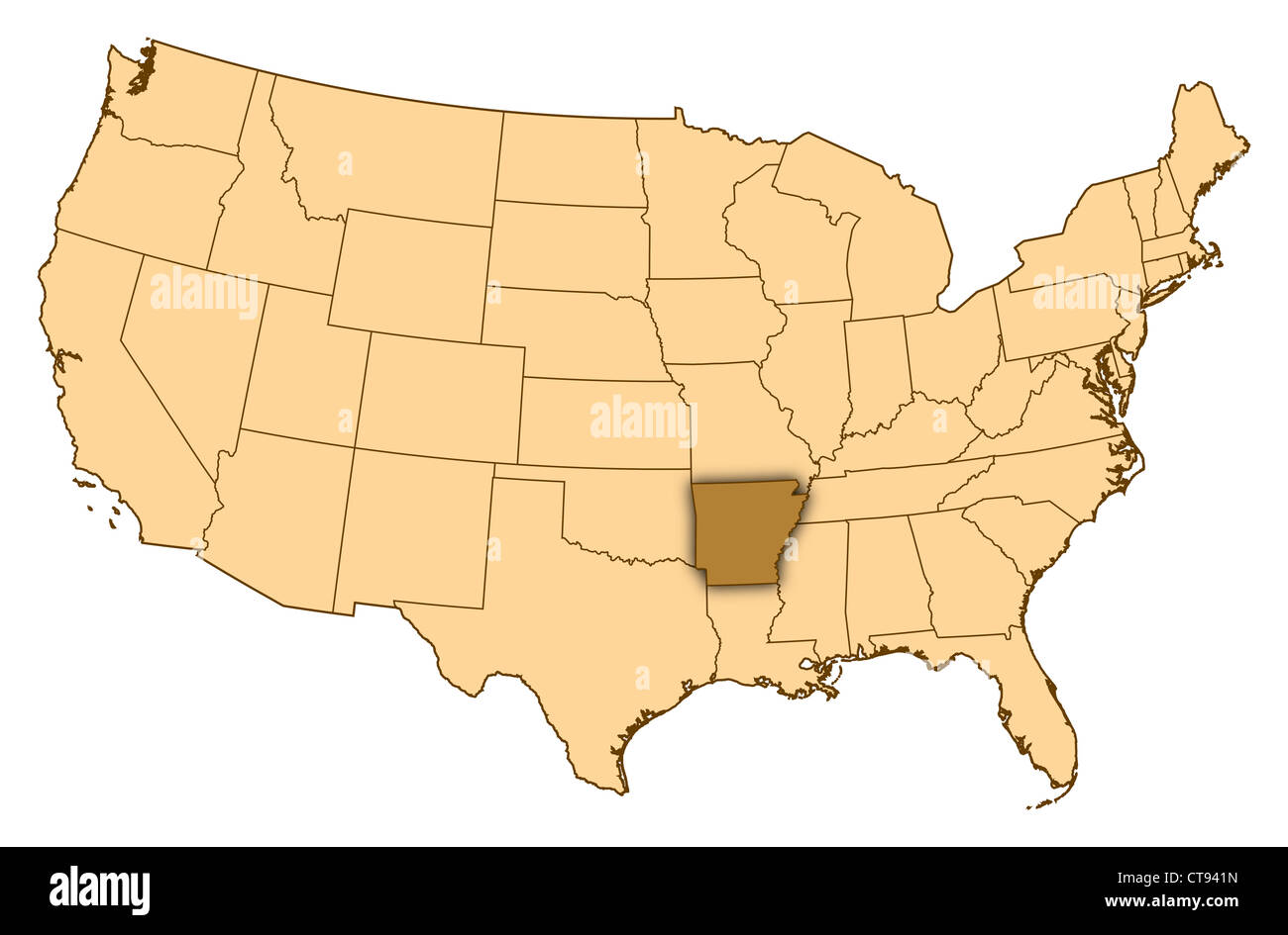 Map of United States where Arkansas is highlighted Stock Photo Alamy