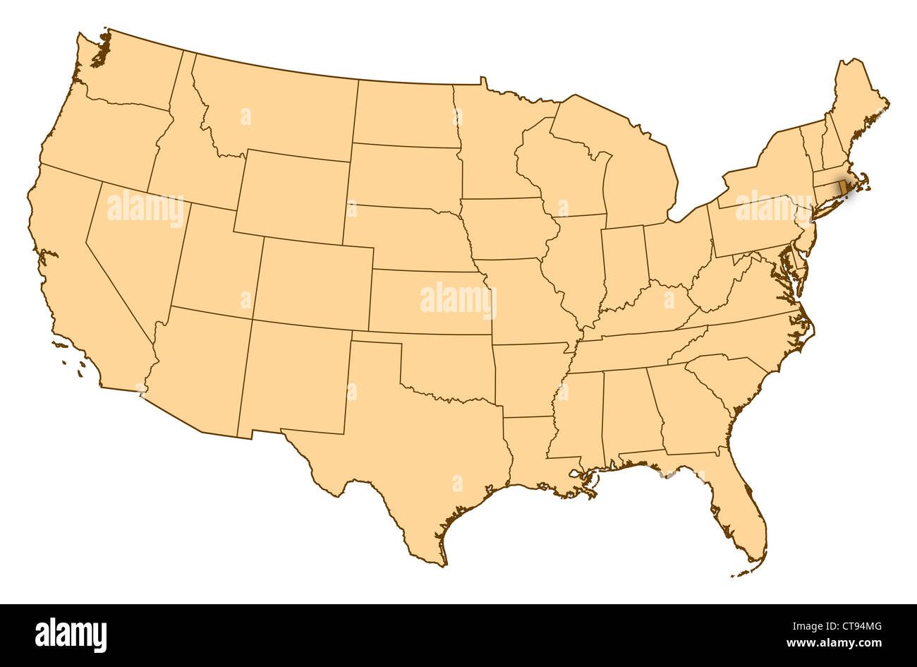 Map of United States where Rhode Island is highlighted. Stock Photo