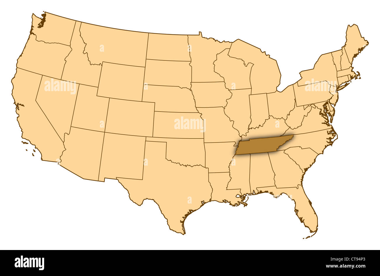 Map of United States where Tennessee is highlighted. Stock Photo