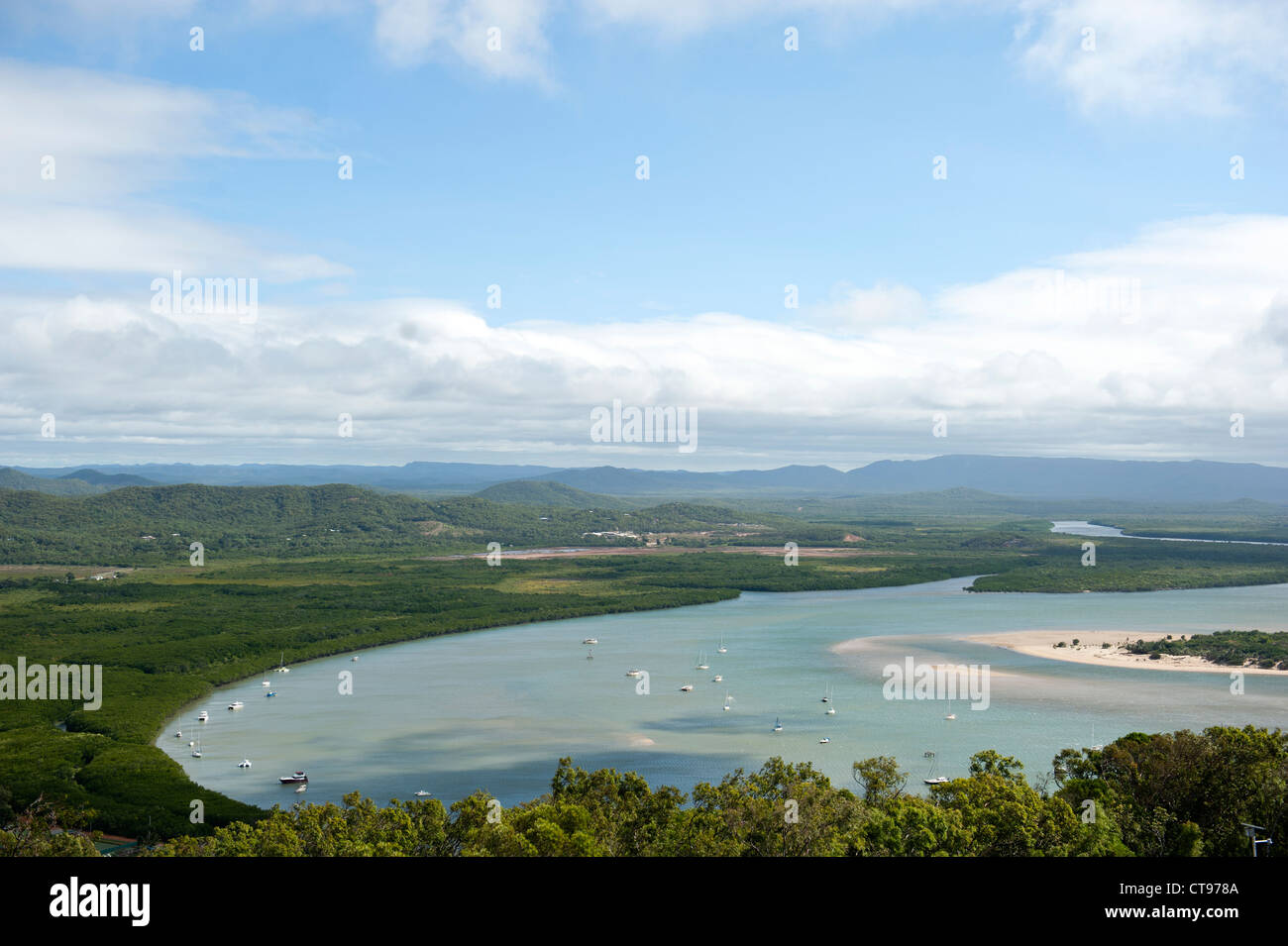 View from Grassy Hill towards Cooktown and the Endeavour River, a view already enjoyed by Captain James Cook in 1770 Stock Photo