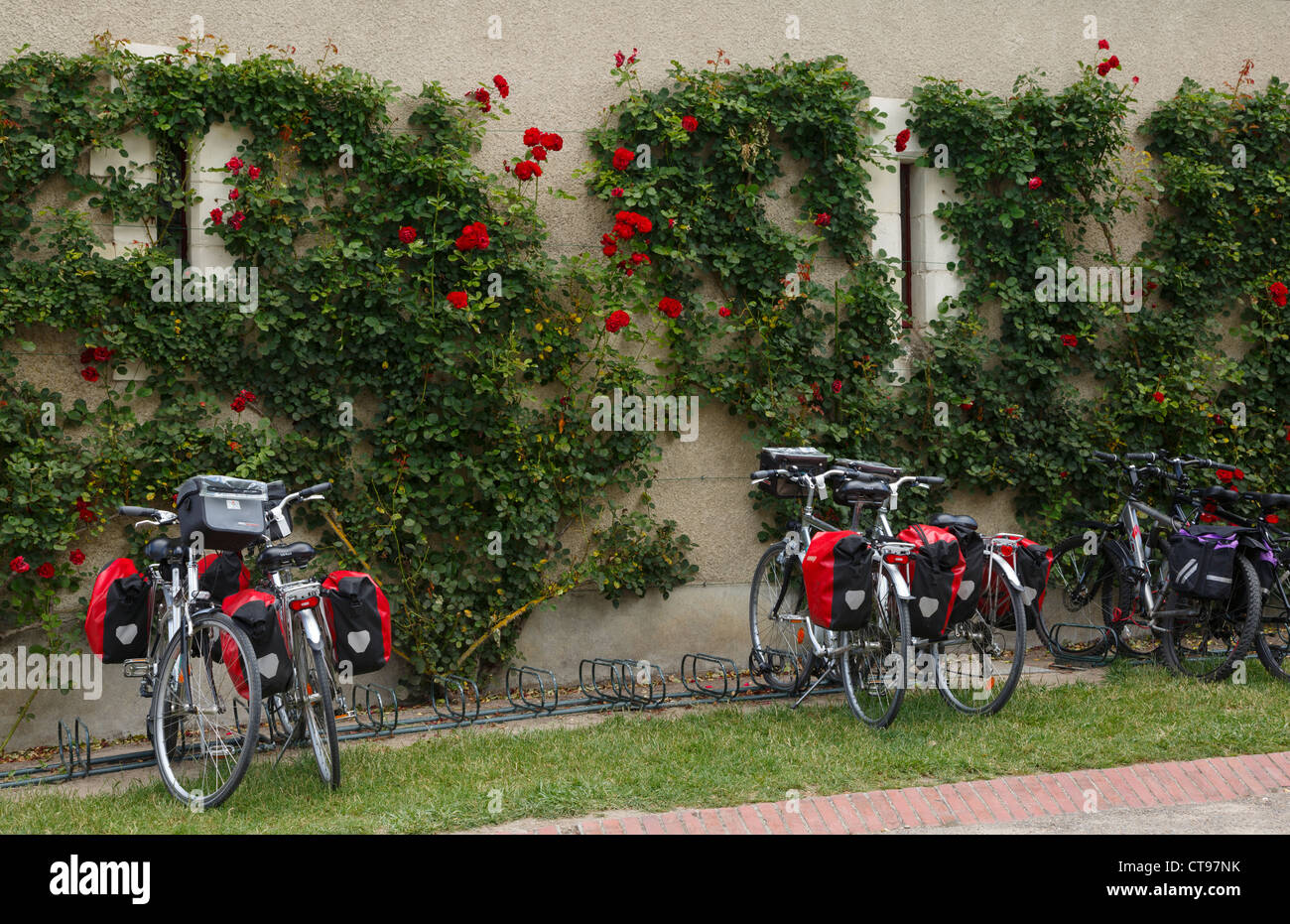 Bicycles parked by a wall in the village of Cheverny, Loire Valley Stock Photo