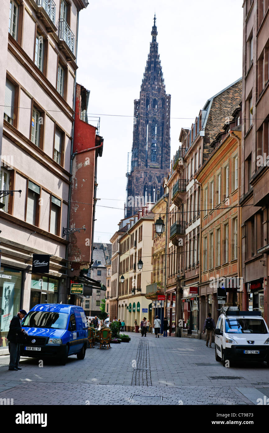 Walking,Pedestrian Street,Grand Rue Strasbourg,Cathedral Spire,Strasbourg,France Stock Photo