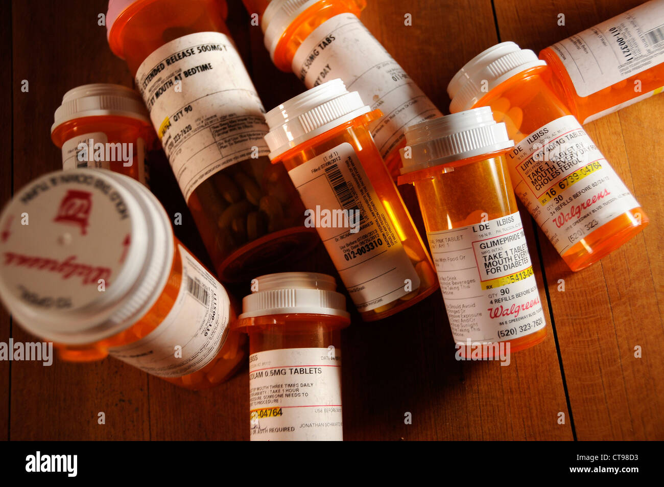 Medications taken by a patient with chronic illness. Stock Photo