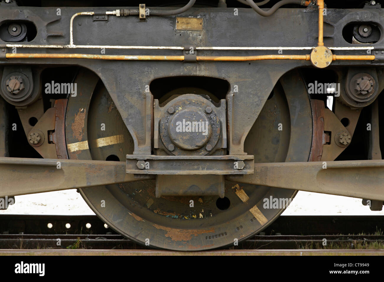 Detail of bogie and driving wheels of British Rail Class 47 diesel locomotive. Stock Photo