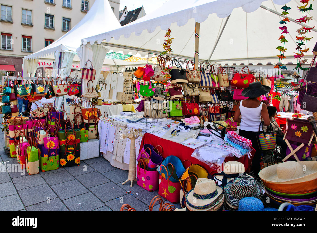 Market day,Hats,Bags,Straw baskets,Place Gutenberg,Strasbourg,France Stock Photo