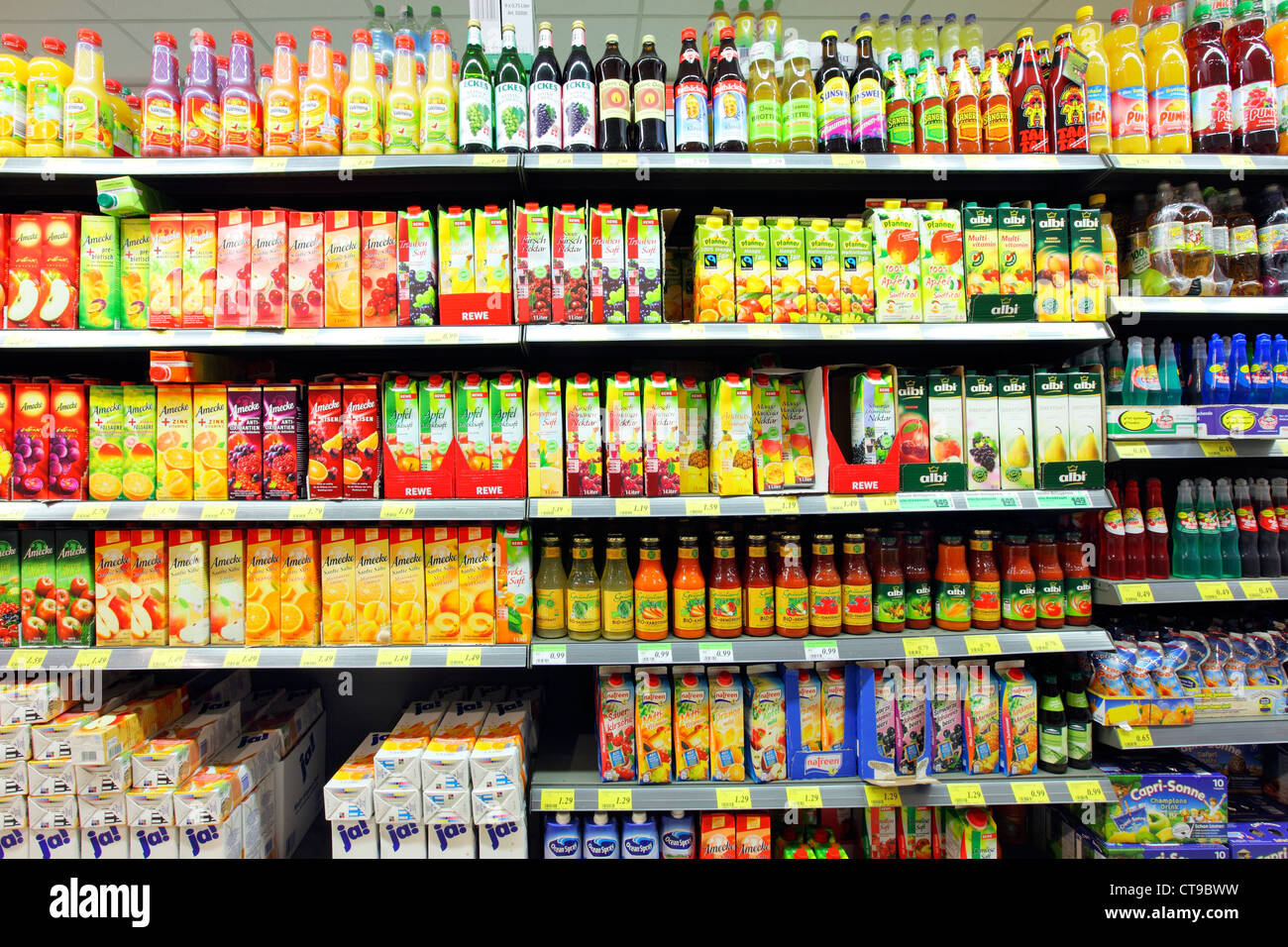 Self -service Supermarket, shelf, rack with different products, foods