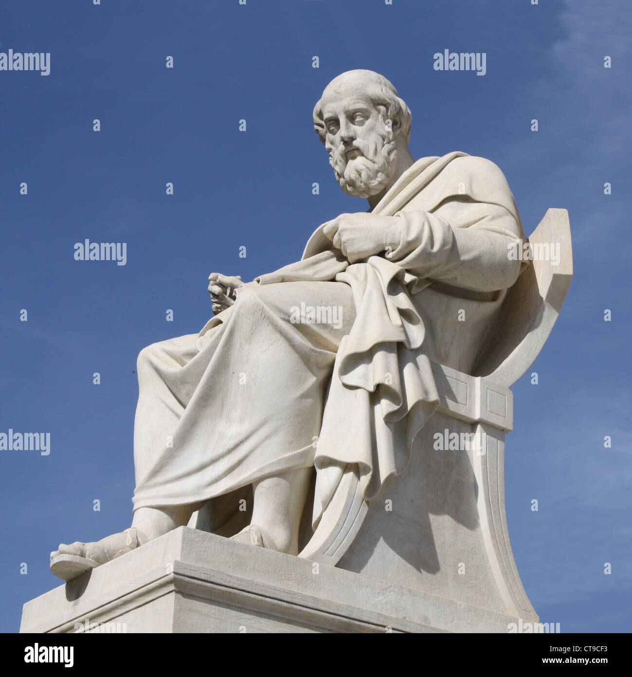 Ancient Greek philosopher, Plato, in front of the Academy of Athens in Greece. Stock Photo