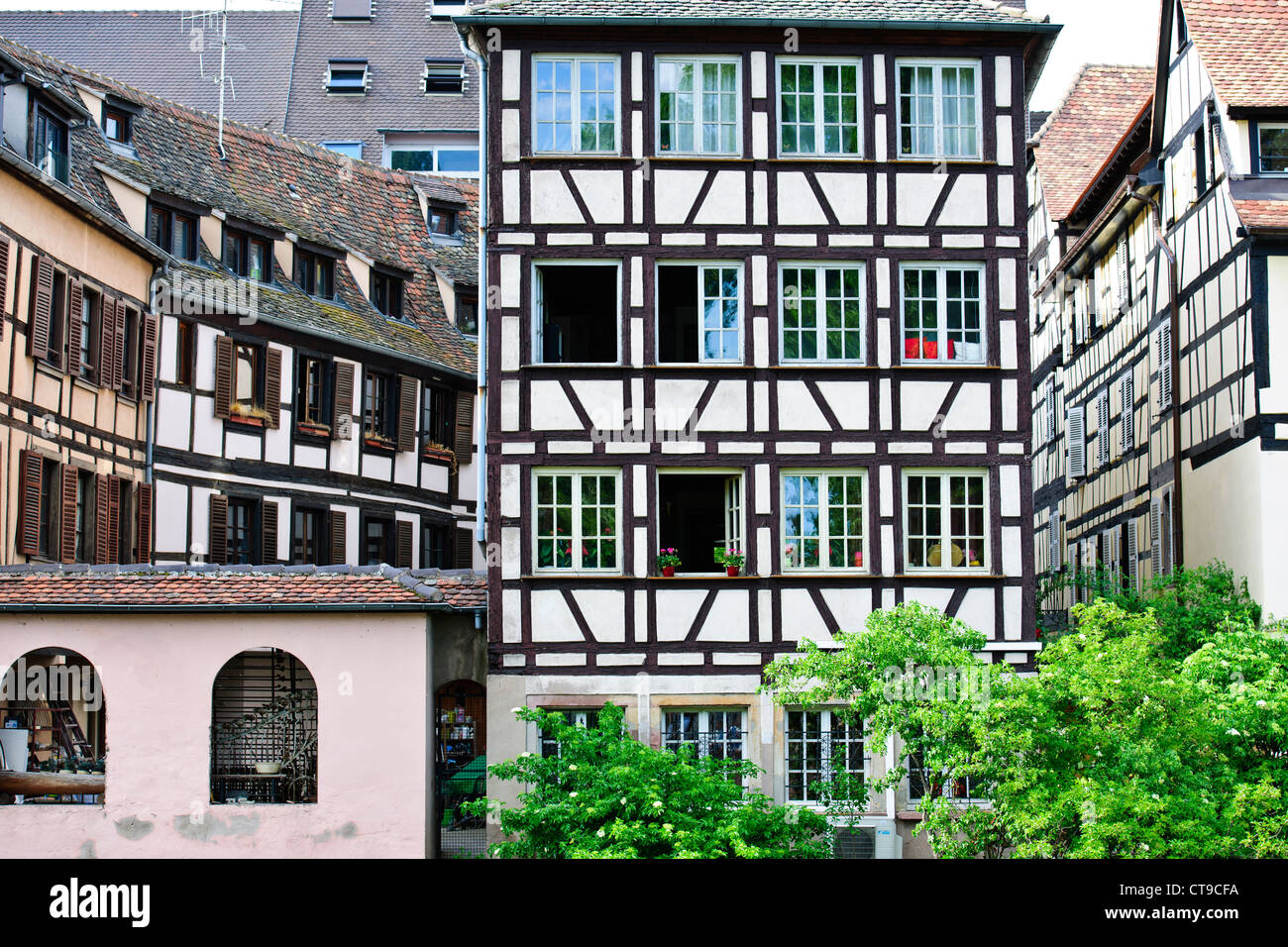 Many timbered and half-timbered houses in the area,some dating from mediaeval times,L'ILL River,Petit France,Strasbourg,France Stock Photo