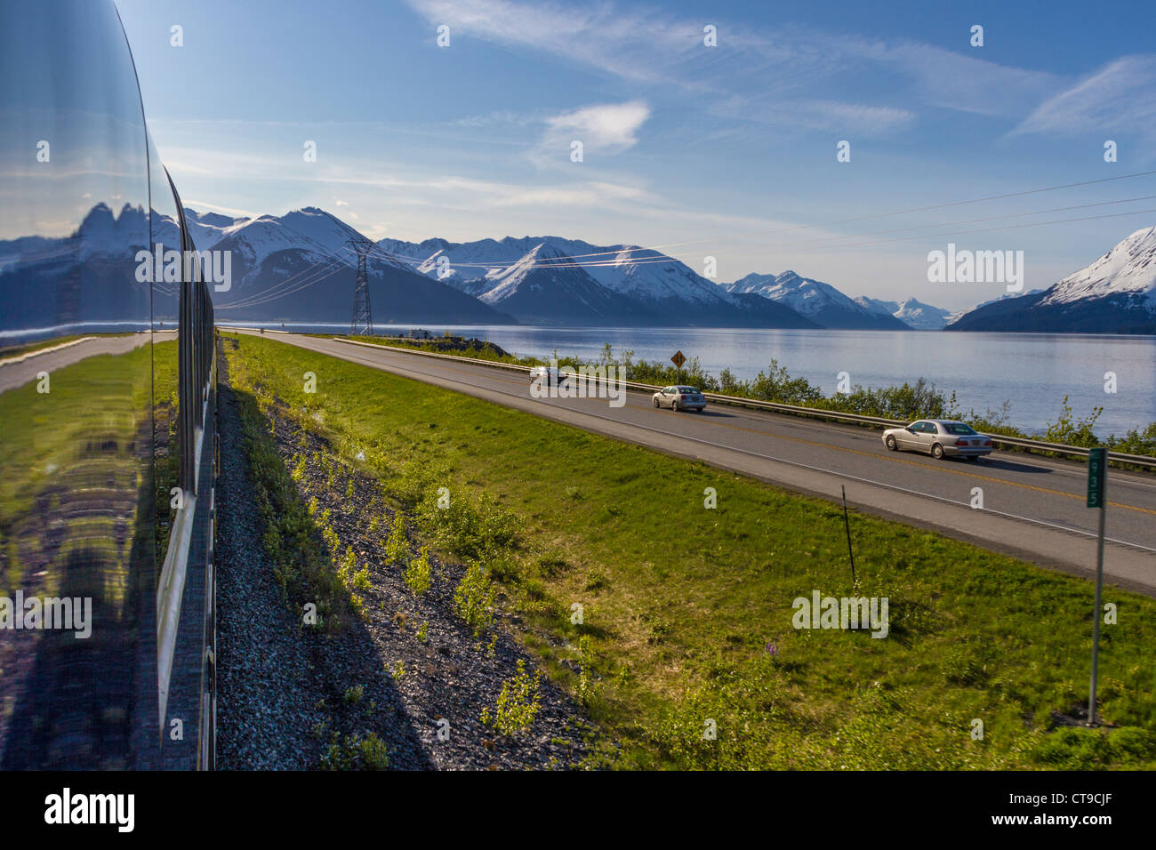 Alaska Railroad Coastal Classic Train going from Anchorage to Seward, Alaska. Stock Photo