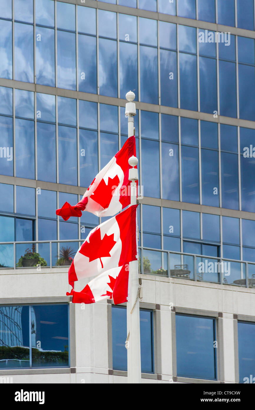 Canadian Flag at Canada Place and Vancouver Harbor in downtown