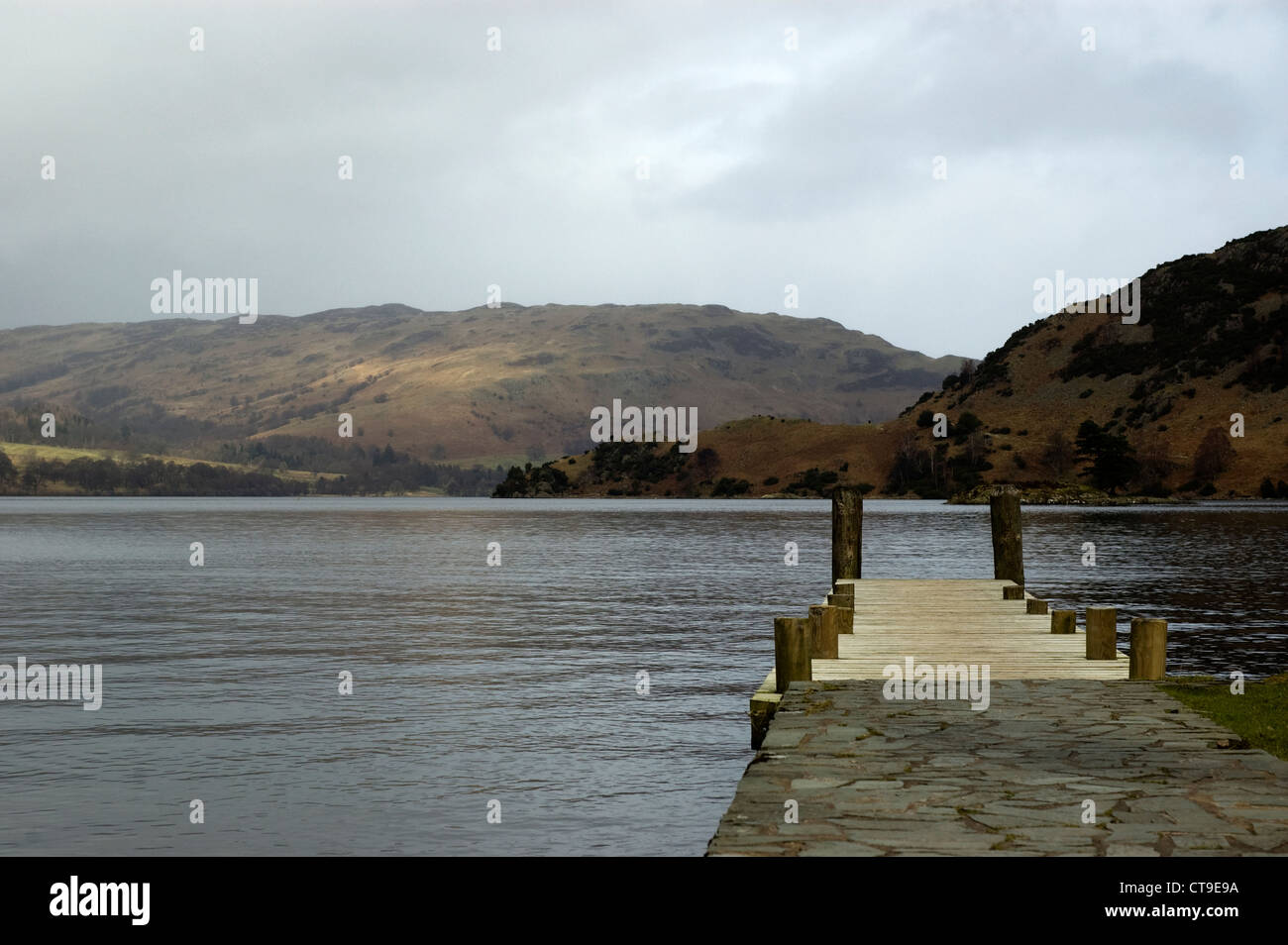View of the Ullswater lake from the garden pier of the Inn On The Lake hotel. Feb 2012 Stock Photo