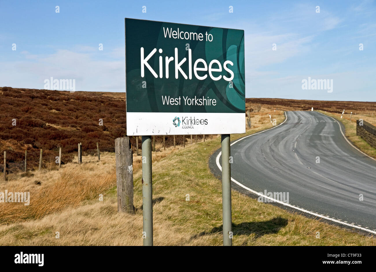 Sign for Kirklees on Pennine moorland road, Kirklees, West Yorkshire, England, UK Stock Photo