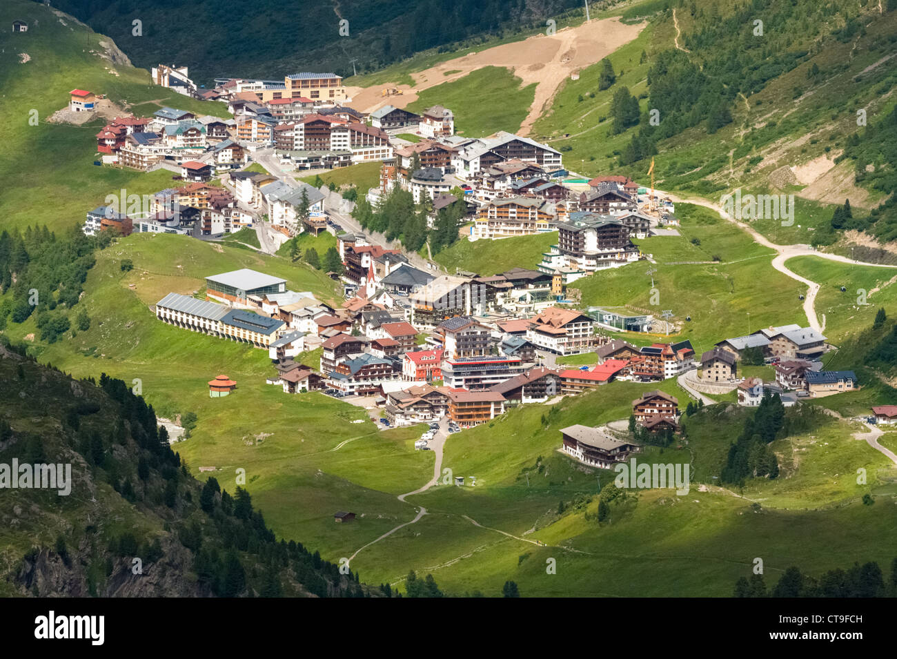 Looking down on Obergurgl in the Austrian Alps from the path that leads up to Ramolhaus. Stock Photo