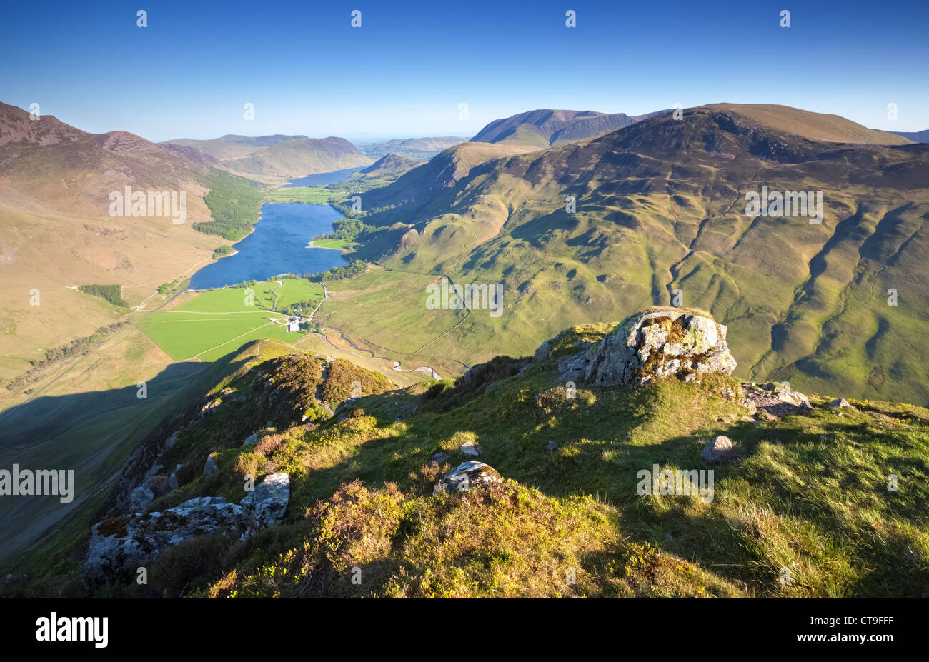 Lake Buttermere at Sunrise from the summit of Fleetwith Pike in the Lake District, England, UK. Stock Photo