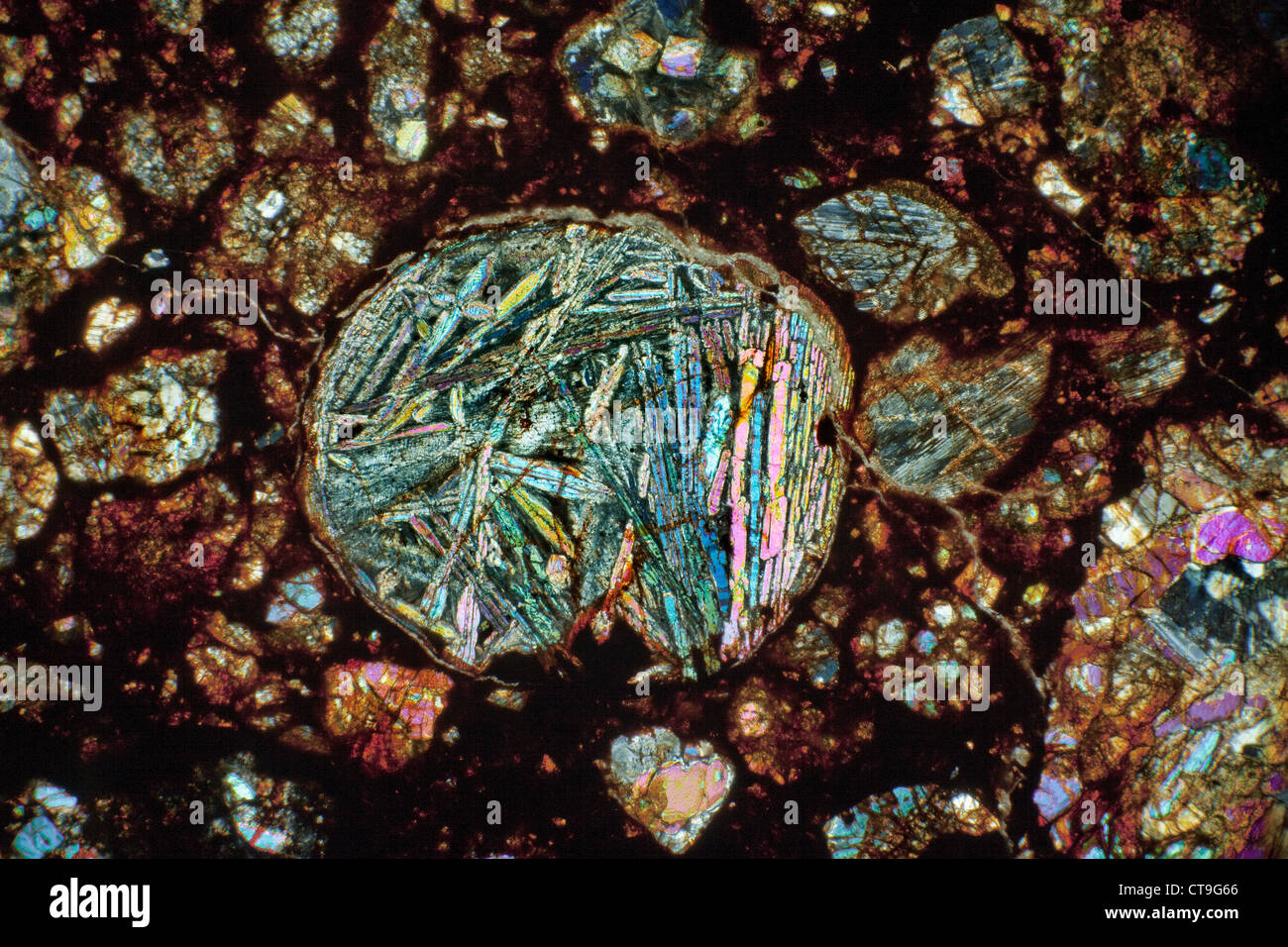 Meteorite thin section photomicrograph, cross polarized lighting, NWA 6326, DLL3-6 (S1/W2) North West Africa Stock Photo