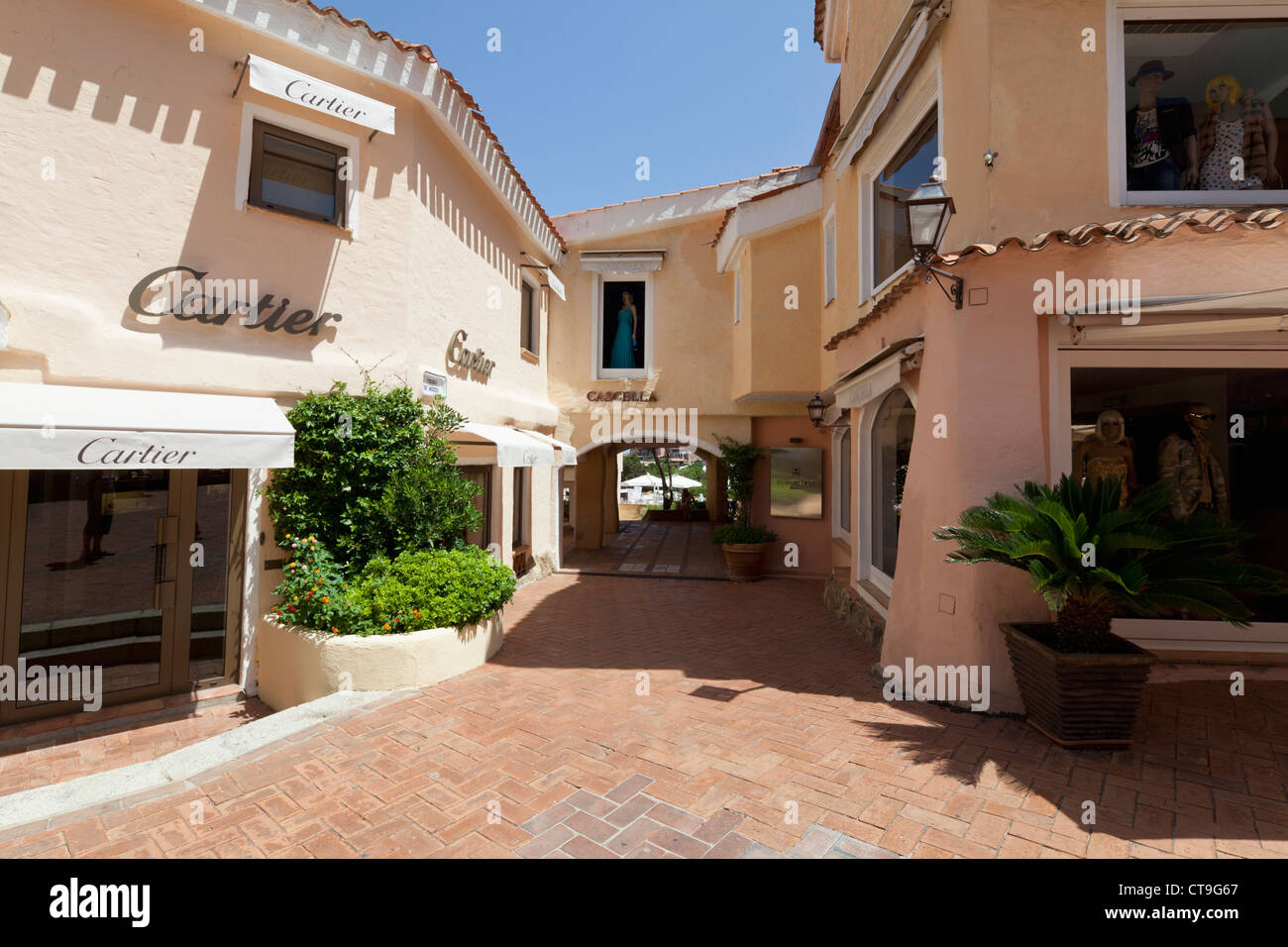 Marina Porto Cervo with luxury designer shops on Sardinia, Italy Stock Photo