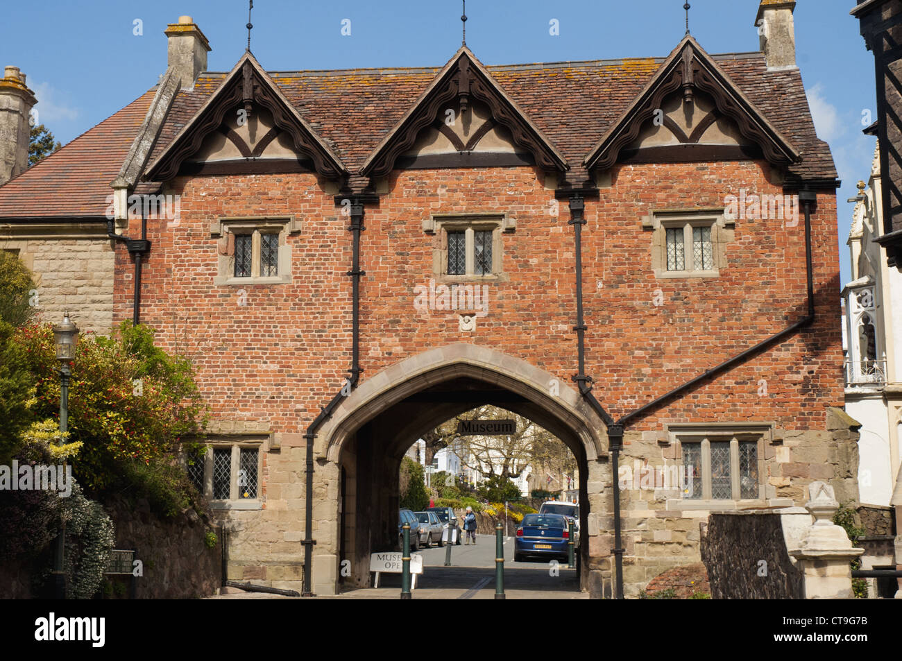 Medieval Abbey Gatehouse is now the town museum in Great Malvern, a spa town in the Malvern Hills Stock Photo