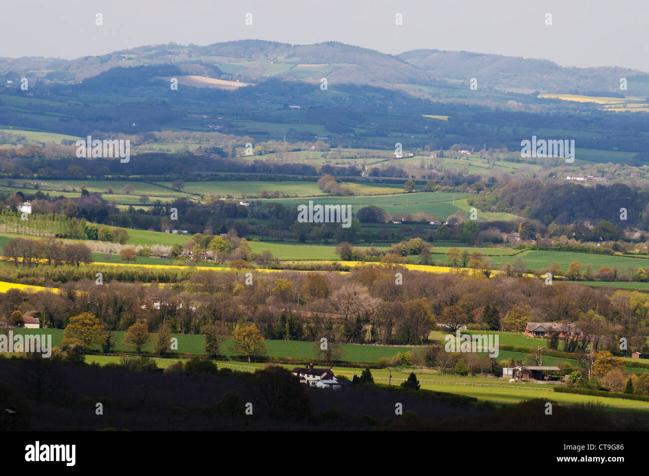 Countryside views looking east from the Malvern Hills in the English Midlands Stock Photo