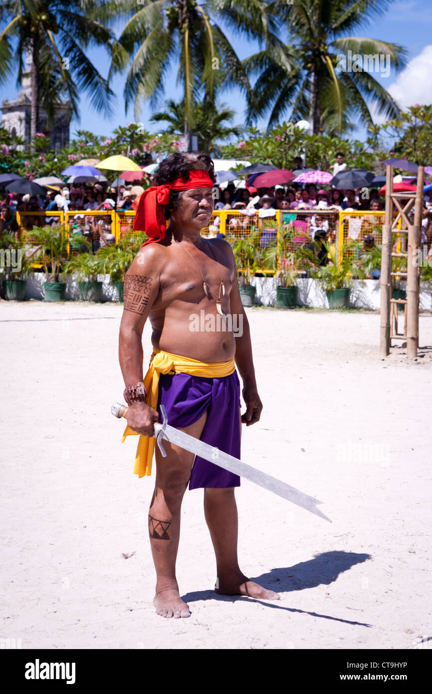 The warriors of Lapu-Lapu, a native chieftain of Mactan Island. Battle of Mactan reenactment, Lapu-Lapu City, Philippines Stock Photo